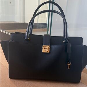 Chic Black Leather Satchel with Gold Accents